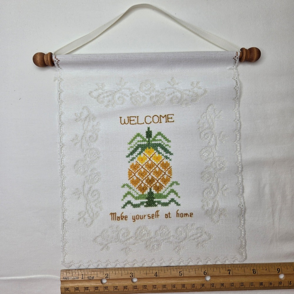 Vintage Pineapple Welcome Cross Stitch Wall Hanging Banner Wood Dowel 8x8.5